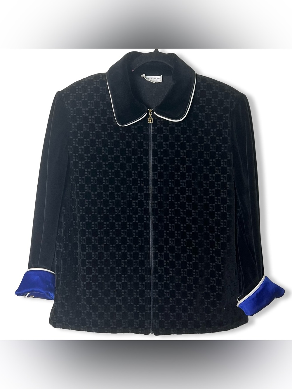 St John Sport Women Velour Jacket Black Blue Satin Piping Gold Hardware Sz. M